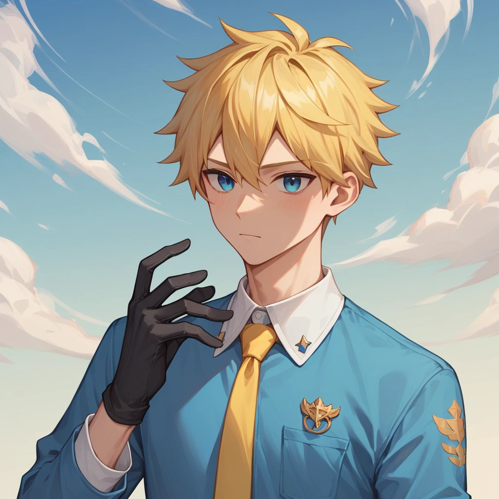 1boy, ager, fair skin, short yellow hairstyle, sky blue eyes, white long sleeve shirt, yellow tie, black gloves, blue pants, kind expression, anime style, digital art, (white background), icon, slim build