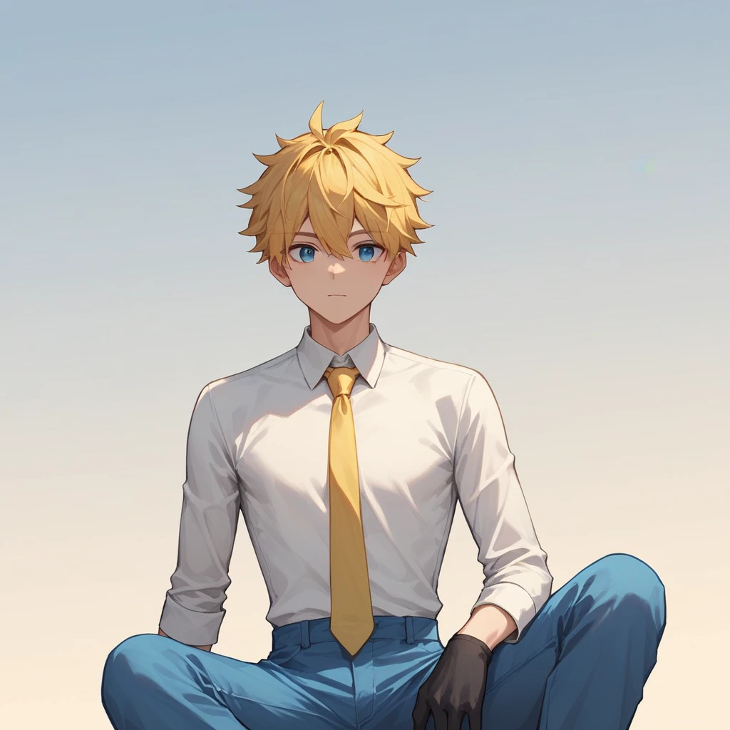 1boy, teenager, fair skin, short yellow hairstyle, sky blue eyes, white long sleeve shirt, yellow tie, black gloves, blue pants, kind expression, anime style, digital art, (white background), icon, slim build