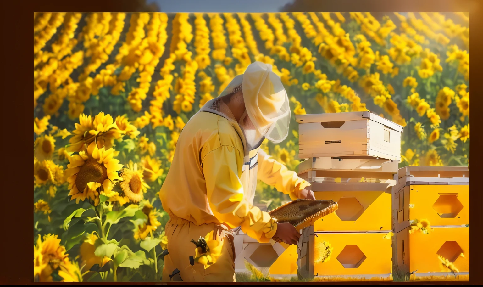 Beekeeper Arav keeping bees in a sunflower field, Surface urticaria, Honey and bee hive, Fantasy beekeeper, Honey, sunny, version 3, 2 0 2 2 Photos, photo shoot, great composition, agriculture, Block out the sun, Farmers, Taking care of the station, Media Photos, White, 144p