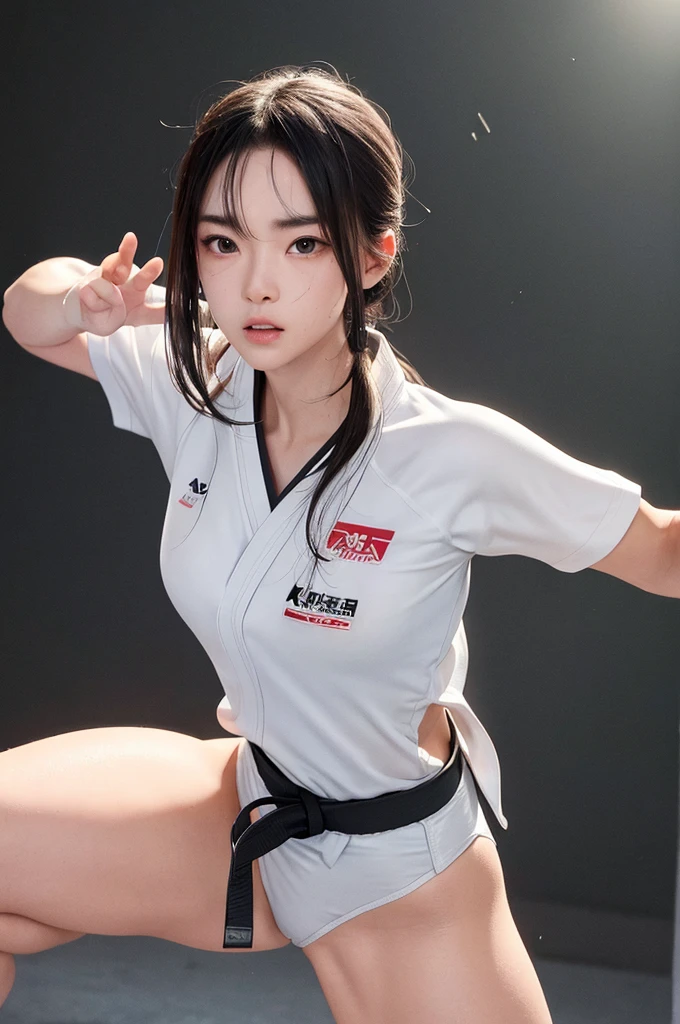 ((Karate Girl, Karate competition in the gymnasium ring)), (Cute school girl, Baby Face:1.4, Idol Face), (((Karate Secret Stance:1.2))), Slender body line, Small and slender figure, Beautiful breasts, ((Wearing a proper karate uniform:1.3)), Black belt, ((Detailed eyes and face:1.2, Professional photography techniques, Stage lighting)), (Highest quality, 8K, masterpiece:1.2, RAW Photos), (Realistic:1.3), (Detailed hands:1.1), ((Panty shot:1.3))