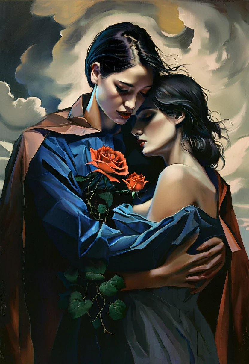 chiaroscuro technique on sensual illustration Illustration art, by IrinaKapi. Surrealism, vintage abstraction, girl with white raven and black roses, ultra details oh clothes, best quality, masterpiece, painting, concept art, emotionally, atmospheric, aesthetics of romanticism, represent transformation and the ability to see beyond the surface