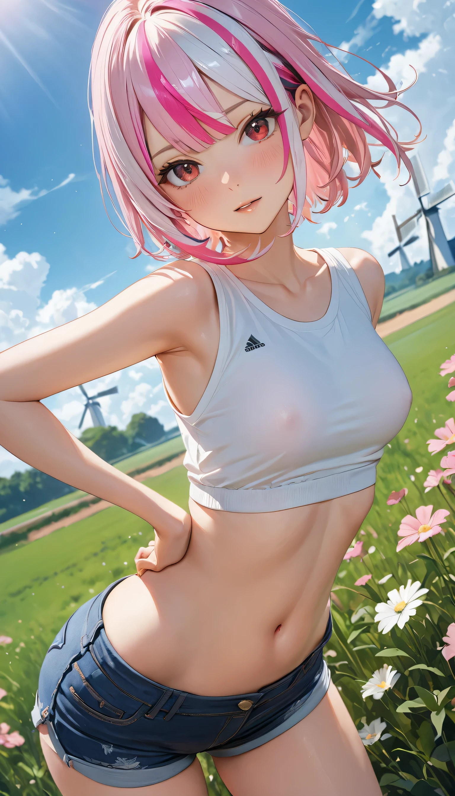 ((Sports magazine cover photo)), (masterpiece), (best quality), (ultra-detailed), (highest quality), (2.5D), (1 girl), very delicate facial expressions, erotic, only sexy woman, healthy figure, (windmill shaped tattoo on the left shoulder), ((22-year-old woman)), 170cm tall, medium firm swaying breasts, (short hair), (pink hair:1.5), pink and salmon pink, ((streaked hair:1.9)), (highlights hair: 1.6), blunt bangs, red eyes, (thin thighs), (camel toe:0.7), (visible nipples:0.7), (Erect nipples:0.7), (hooded jacket), (bare shoulders), (denim shorts), facing straight at viewer, (((in heat))), ((dutch angle)), ((erotic pose)), stretching by the field in midsummer