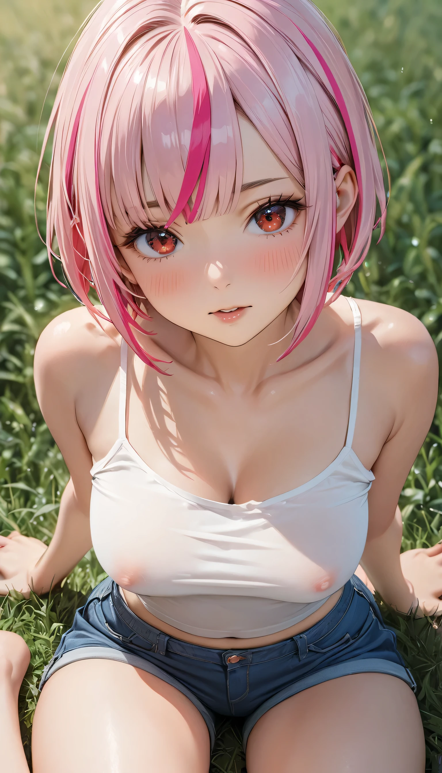 ((Sports magazine cover photo)), (masterpiece), (best quality), (ultra-detailed), (highest quality), (2.5D), (1 girl), very delicate facial expressions, erotic, only sexy woman, healthy figure, ((22-year-old woman)), 170cm tall, medium firm swaying breasts, (short hair), (pink hair:1.5), pink and salmon pink, ((streaked hair:1.9)), (highlights hair: 1.6), blunt bangs, red eyes, (thin thighs), (camel toe:0.7), (visible nipples:0.7), (Erect nipples:0.7), (camisole), (bare shoulders), (denim shorts), facing straight at viewer, (((in heat))), ((dutch angle)), ((erotic pose)), relaxing in the field in midsummer