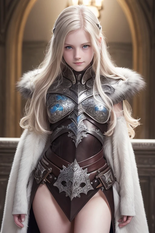 ((High resolution)), ((Pale skin)), sinful, king ((11 years old)) Girl, with blue eyes, blushing cheeks, wavy fur, smiling, naked, like a fantasy warrior, sexy armor