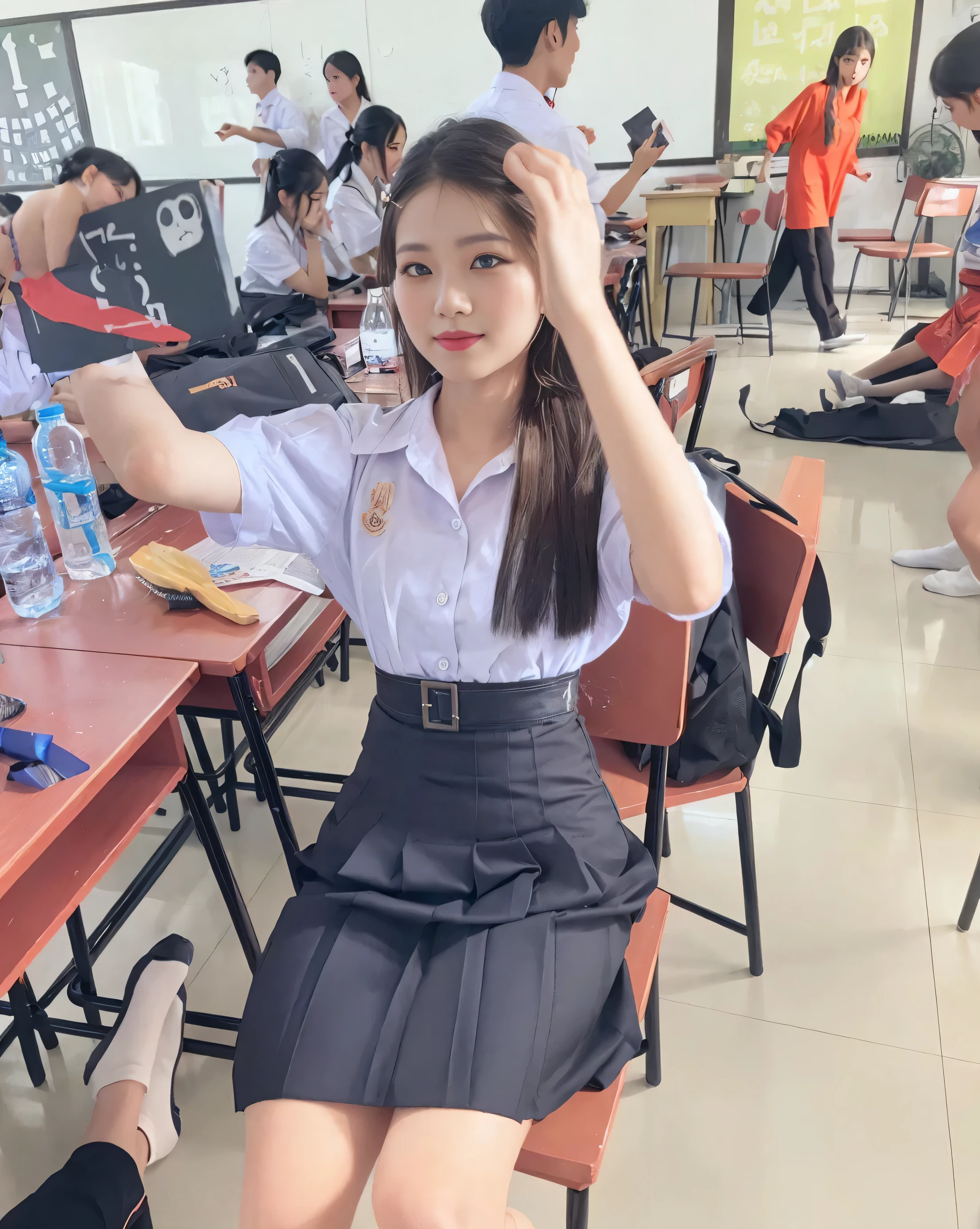 Gray eyes, Korean , summer shirt, gravitation, charisma, glamorous, ribbon tie, a bore skirt, bright blonde, school stairs, going down school stairs, chest thrusting pose, chest bragging pose, 8k raw photo, high resolution, cool Korean at 22 years old, very big round breasts, beautiful eyes in detail, long eyelashes, beautiful double eyelids, eyeshadow, eyeliner, slender eyes, elongated eye shape, Sanpaku eyes, evil smile, evil look, beautiful very thin legs, beautiful very thin thighs, random medium hair, hair tied behind the head, earrings.

