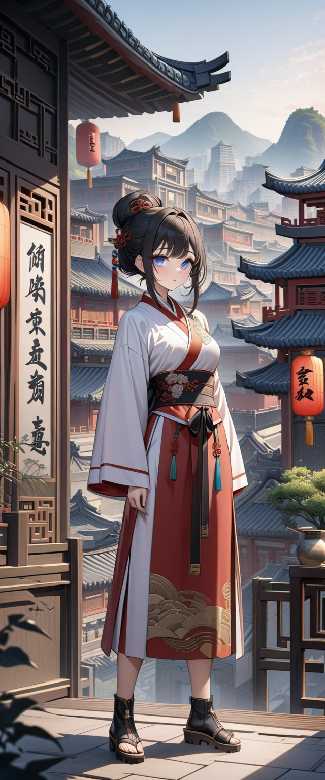 豊満な体の女god god様 god々Shii Big eyes Rainbow Eyes Her black hair is tied back in a bun Tactile Hair Manchu national costume Highest quality Super detailed detailed woman High quality 8k Detailed Background Ancient Chinese cityscape Standing in the city