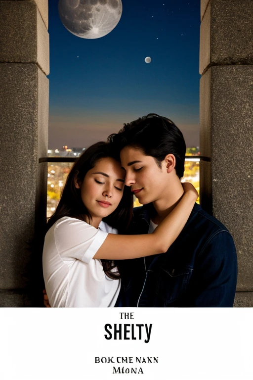 Cover of a book called us in the sleeping city in Spanish, with a boy and a girl watching the moon and hugging 