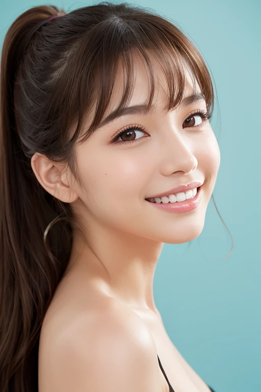 1girl, solo, long_hair, looking_at_viewer, smile, open_mouth, bangs, brown_hair, simple_background, photoshop_(medium), brown_eyes, collarbone, ponytail, parted_lips, teeth, mole, lips, makeup, mole_under_eye, blue_background, close-up, portrait, realistic, nose, photo_(medium), aqua_background, real_life