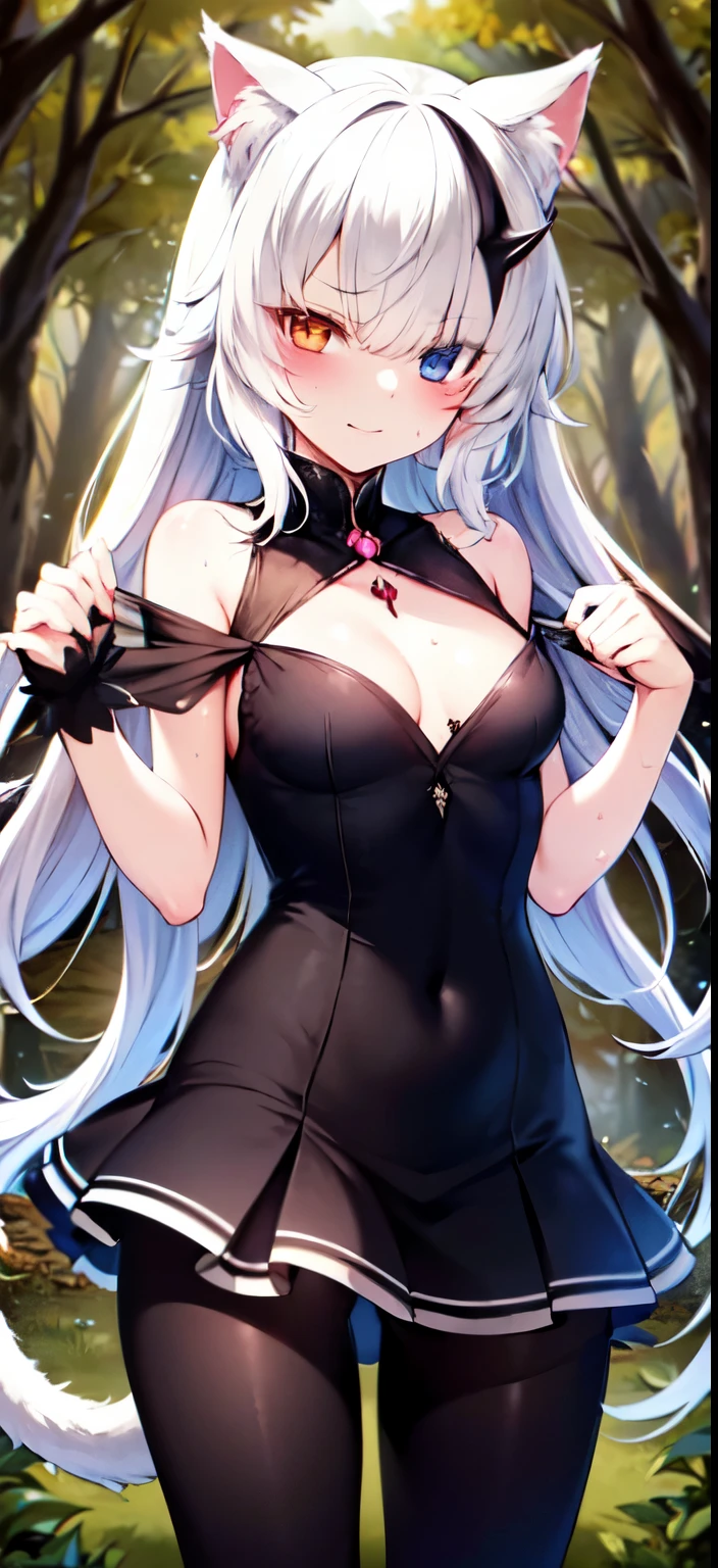 masterpiece, best quality, high resolution, 1girl, solo, (((beautiful body))), Perfect hands, gorgeous, long hair, white hair with red tips, ((heterochromia)), (left eye red), (right eye yellow), tsurime eyes, smug face, breasts, cat ears, Oni horns, cat tail, black pantyhose, gothic dress, forest, moonlight, by MDA Starou
