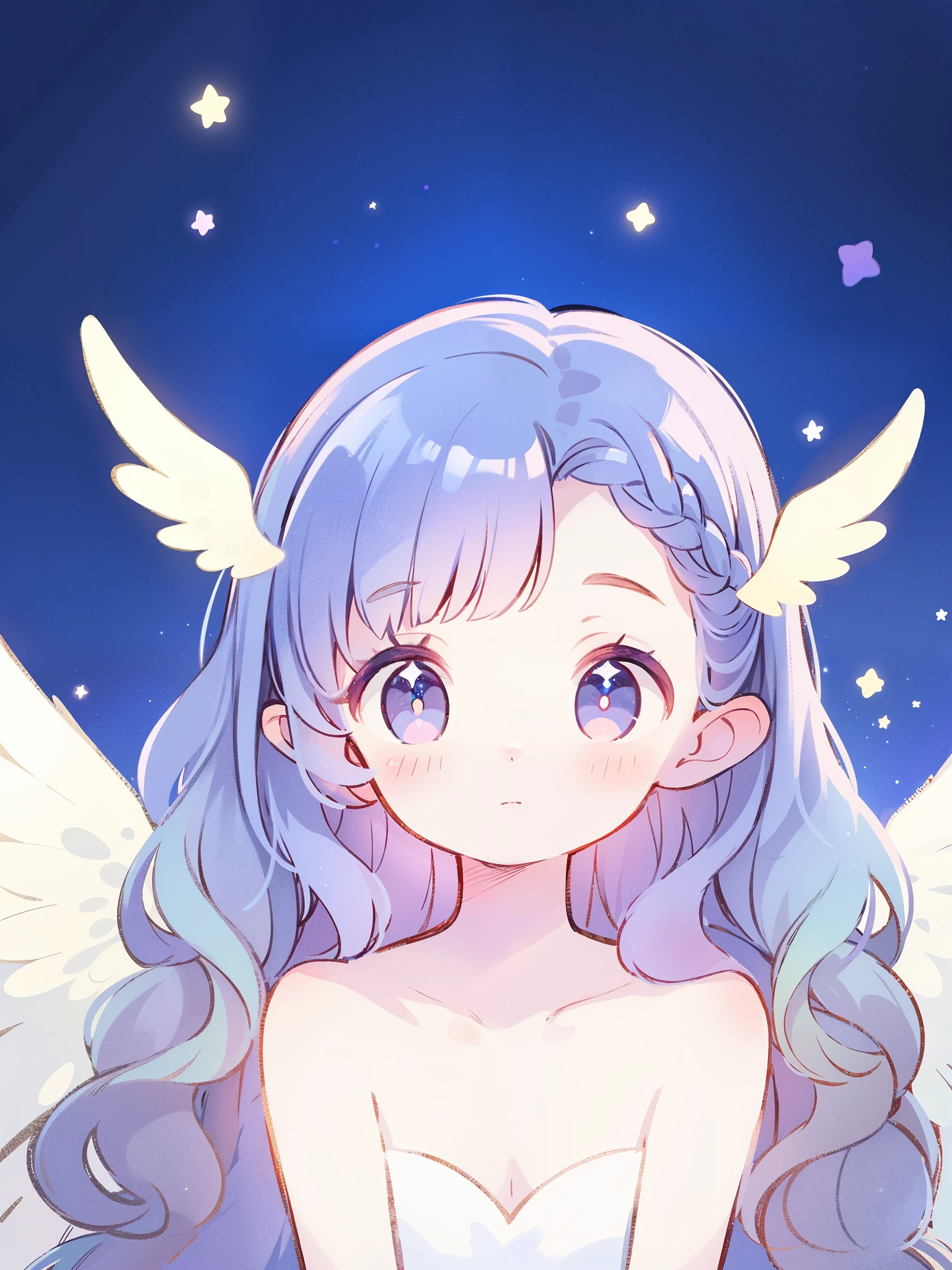 nude angel girl wearing an ethereal translucent dress, pale skin, ((wavy gradient blue purple hair)), white feathers, angel wings, sparkling detailed eyes, golden ratio face, perfect composition, highly detailed, ethereal, (starry night sky background), midjourney style