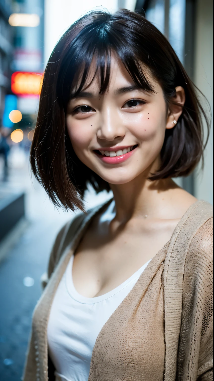 (Highest quality, 8k, 32K, masterpiece, Ultra-high resolution: 1.2), 1 girl, 18-year-old, Beautiful perfect face, Clean Japan, big, OL, holiday, A kind smile, Beautiful Eyes, Intricate details, Fine skin, short hair, Shibuya