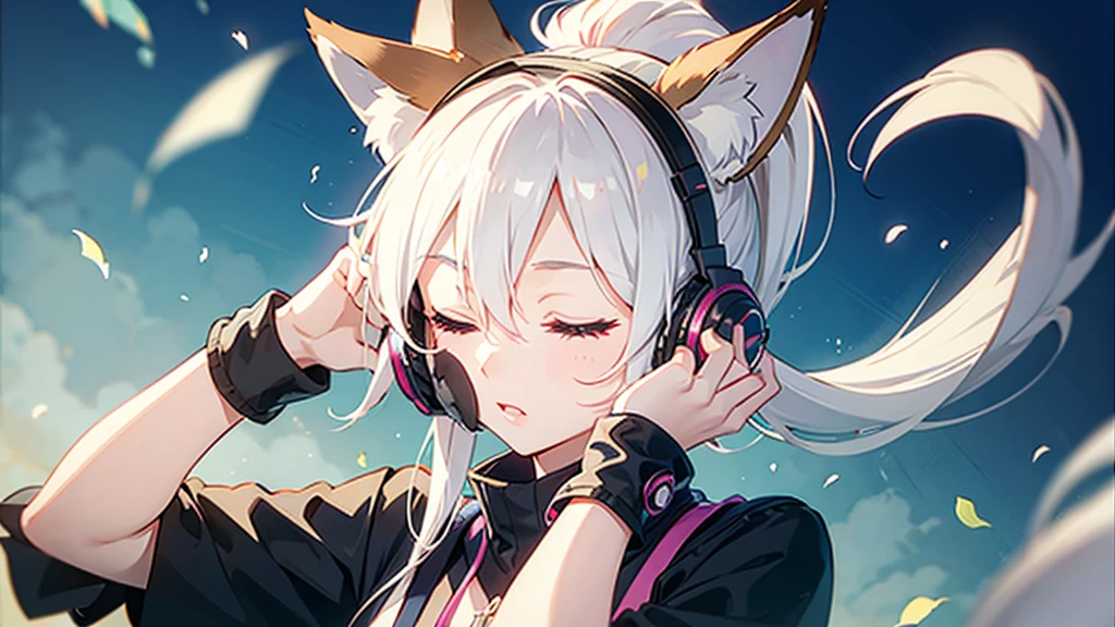 Fox ears head accessory, ponytail hair style, Eyes closed, Headphones, Hands on headphones