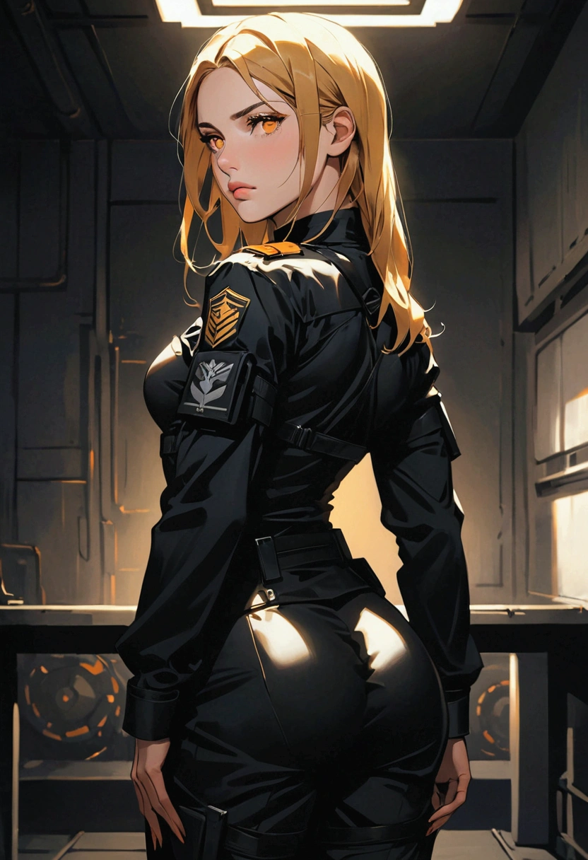 ((best quality)), ((artwork)), In a dimly lit room, a  woman with Greek features stands out. Her dark blonde hair falls down her back, and her full lips are pressed into a firm line, revealing nothing. Her light yellow and orange eyes seem to glow in the darkness. She's dressed in a black tactical uniform, its utilitarian design contrasting with her indifferent expression. Her toned physique looks both powerful and restrained, reflecting her dedication to her mission.