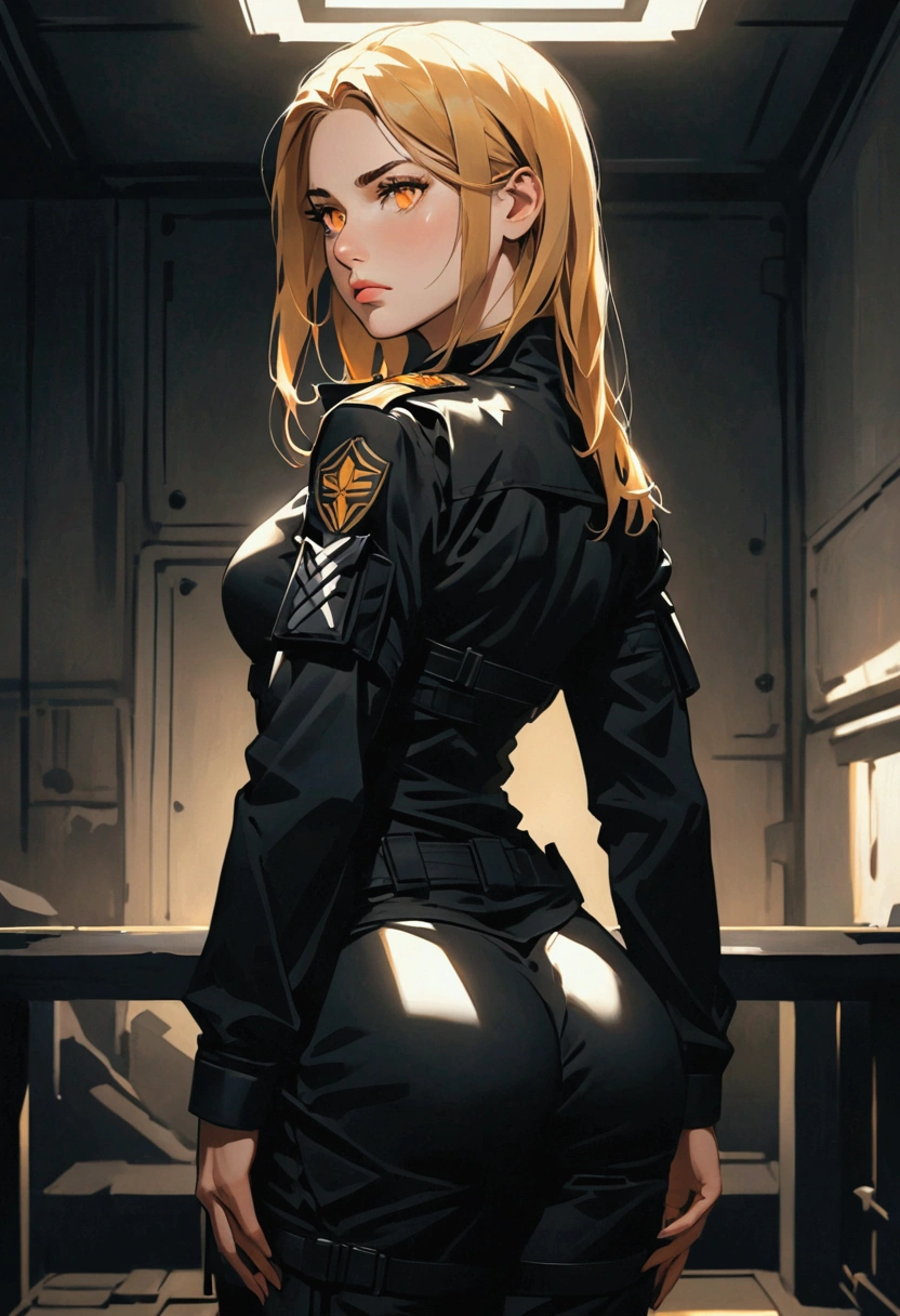 ((best quality)), ((artwork)), In a dimly lit room, a woman with Greek features stands out. Her dark blonde hair falls down her back, and her full lips are pressed into a firm line, revealing nothing. Her light yellow and orange eyes seem to glow in the darkness. She's dressed in a black tactical uniform, its utilitarian design contrasting with her indifferent expression. Her toned physique looks both powerful and restrained, reflecting her dedication to her mission.