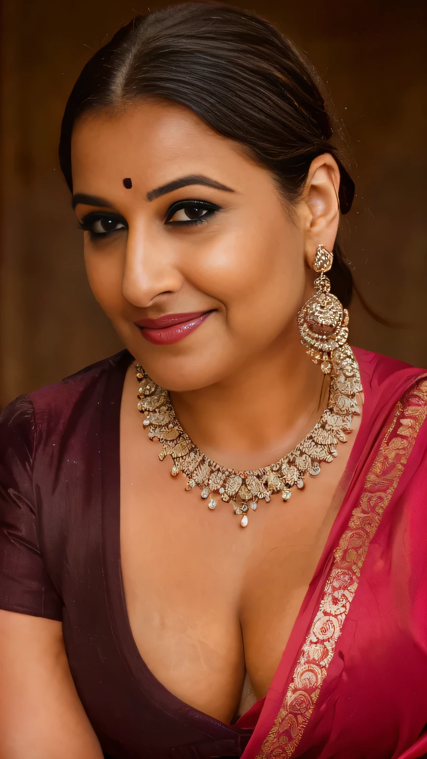 extreme close up photo of indian, curvy, hourglass figure, swooping breasts, showing deep cleavage, kneeling in   celebrations, french braid hair, necklace, sexy maroon bra and saree, sultry, seductive eyes, look at viewer and smile, (cinematic:1.3), intricate details, (ArtStation:1.2)