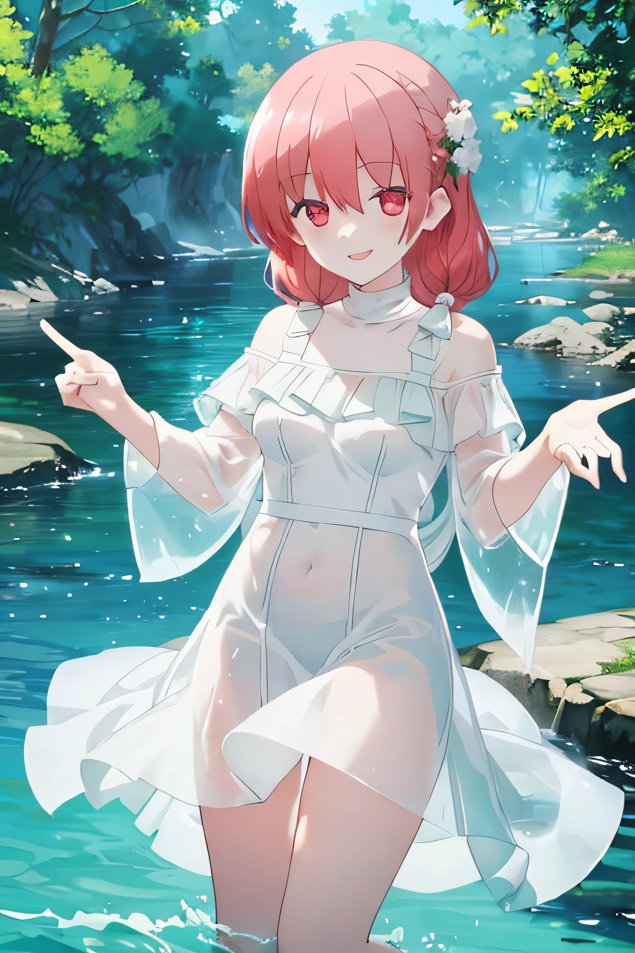(top-quality, 8K, masterpiece:1.3)), joy ((Pokémon)), A MILF, Mature, huge stunning goddess shot, the extremely hot and sexy, powerful and huge, jaw dropping beauty, goddess of Japan, medium breasts, Big ass, (thigh visible), Beautiful woman with perfect body shape:1.4, Slender Abs:1.1, Highly detailed facial and skin texture, A detailed eye, young woman, sexy pose, navel, happy face, blush, eyewear on the head, (looking at from the front), Look at the camera, masterpiece, best quality, pussy cameltoe in a transparent blue sheer dress with gold embroidery, top stripped at breast making her breast naked, enjoying the beautiful nature by standing in water in front of a waterfall and playing by splashing water with butterflies, dress waving by air exposing her body. full body, high detail
