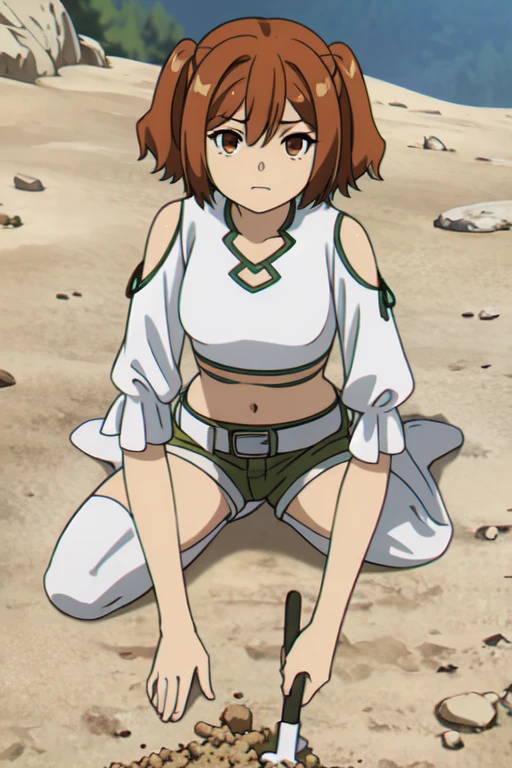 ((Bestquality))),((Ultra-detailed)),((illustration)),((Disheveledhair)),((frilld)),(1girl),(Solo),
1girl,alternate costume,beach,belt,breasts,brown eyes,brown hair,closed mouth,clothing cutout,day,desert,footprints,grass,green shorts,long sleeves,looking at viewer,midriff,navel,on ground,outdoors,path,road,sand,shirt,short hair,short shorts,shorts,shovel,Lying down,solo,stick,thighhighs,twintails,two side up,virtual youtuber,white legwear,