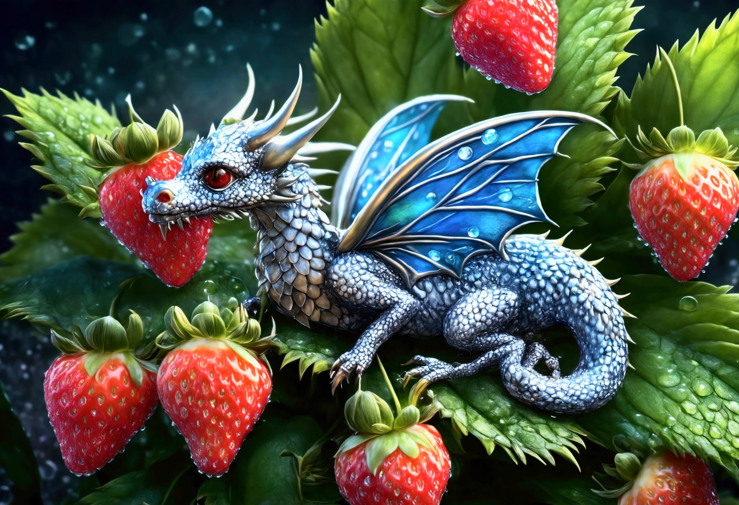 a ripe strawberry plant with dew drops, a silvery fairy dragon with big blue eyes coiled under the plant, detailed, ultra-realistic, 8k, photorealistic, masterpiece, beautiful vibrant colors, intricate details, soft lighting, lush foliage, delicate petals, enchanting scene