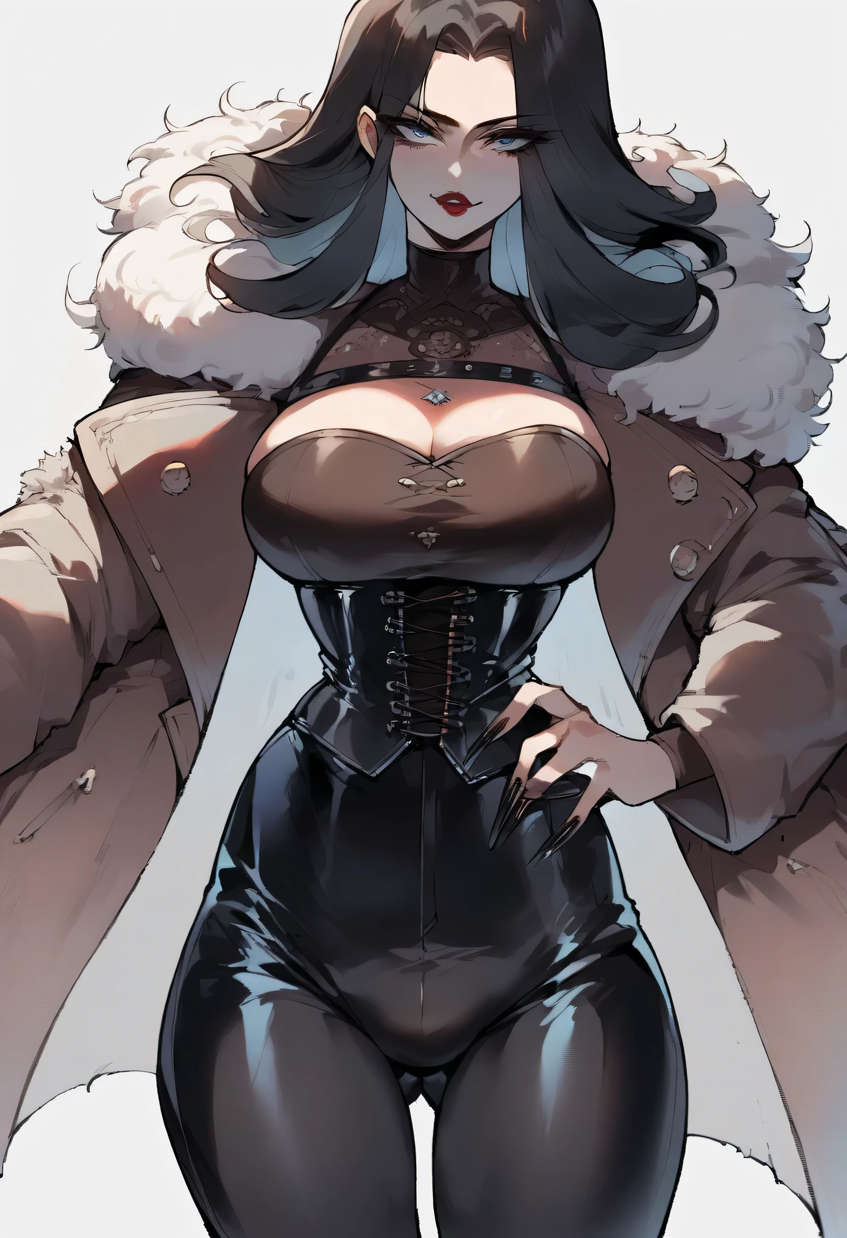 Score_9, score_8_up, score_7_up, adult, tall, 1futa, close up, light blue eyes, black eyeliner, seductive expression, lipstick, long straight hair, black hair, small waist, big breasts, fur trim coat, corset, leather pants, long nails,  Nyantcha Style, source_anime, 