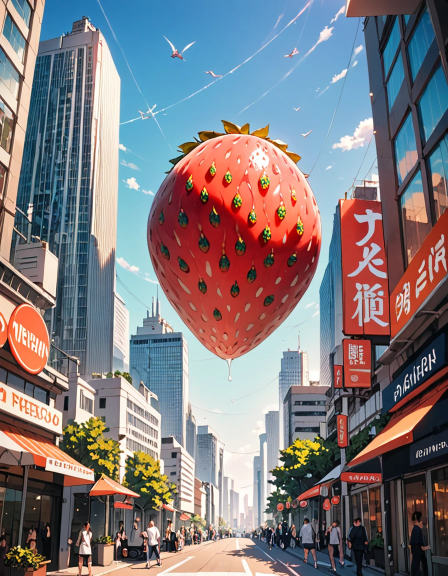 (best quality),gigantic Strawberry monster,ultra-detailed,no human,city,sharp focus,aesthetic, score_9, score_8_up, score_7_up,source_anime,