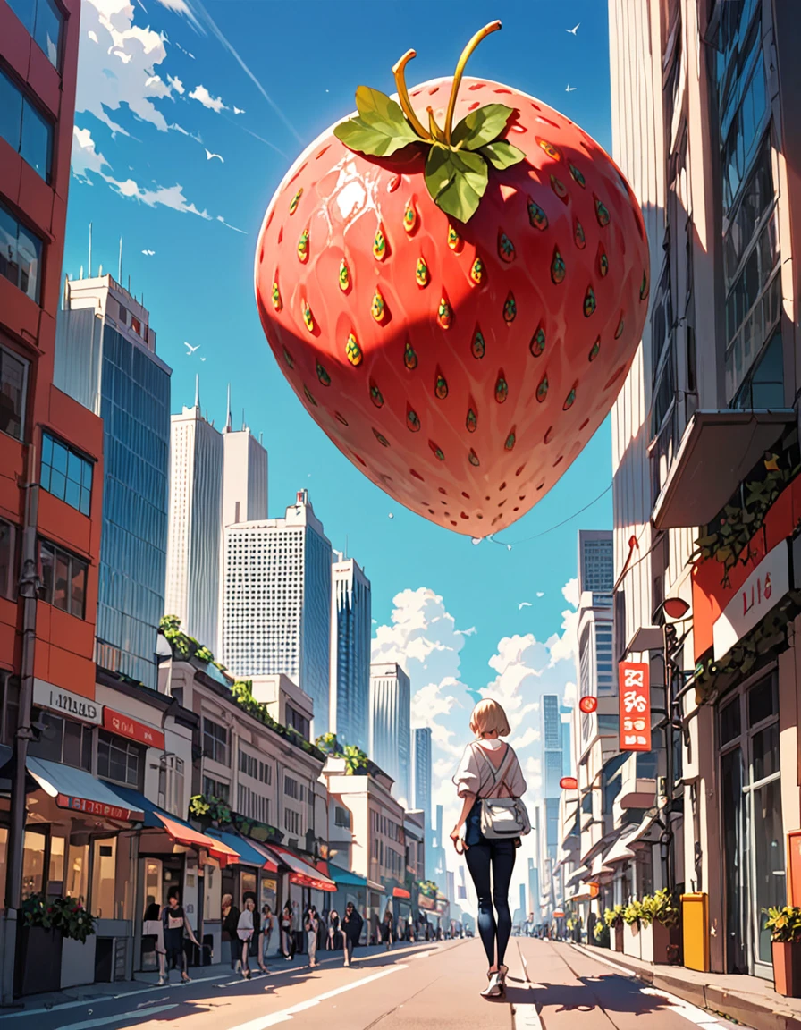 (best quality),gigantic Strawberry monster,ultra-detailed,no human,city,sharp focus,aesthetic, score_9, score_8_up, score_7_up,source_anime,