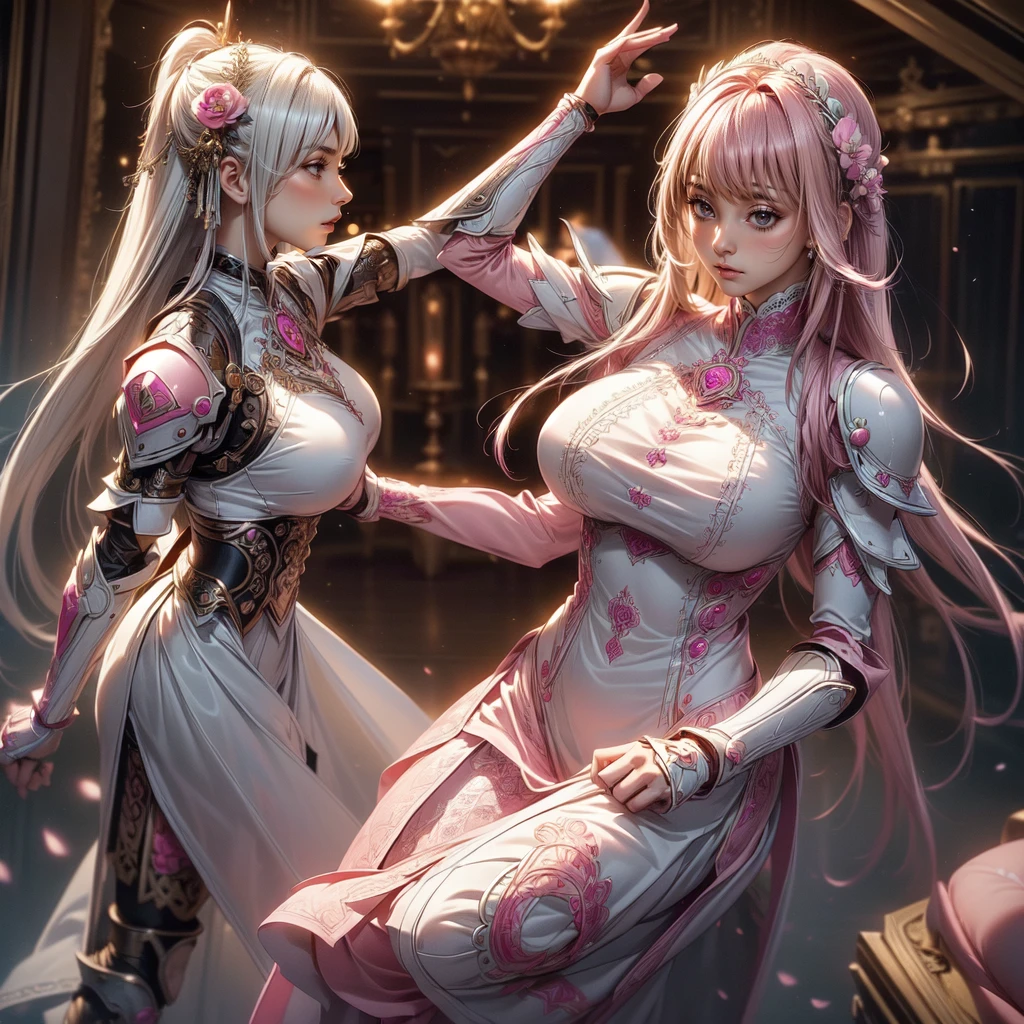 (random fighting pose:1.5),(movie scene,Fantasy Art,Better image quality,(8k),Super realistic,最high quality,high quality,High resolution,high qualityな質感,High detail,beautiful,detailed,CG muy detailed,detailed texture,realistic facial expression,masterpiece,before,dynamic,Bold),1 girl,very detailed skin,curve,beautiful胸,big breasts,White skin,pointed chest,erect nipples,(fine hair),(soft fur),(ultra straight hair),long flowing bangs,pink hair, hair over one eye,(leather boots,(asymmetrical mechanical armor),(long pink lace dress with embroidery,see through:1.2)) Character is facing. In a room in a luxury palace.