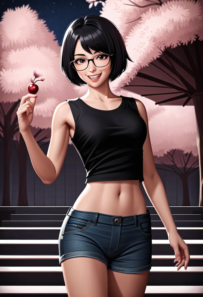1 Girl, ((Extremely detailed)), (Extremely detailed), (best quality, 4K, 8K, high resolution, masterpiece:1.2), (Practical, photoPractical, photo-Practical:1.37),
(extremely detailed CG unity 8K wallpaper), (Extremely delicate and beautiful),
Fine details, Crazy details, Clear focus, soft back, Soothing tones, Ultra Detailed, Low contrast, Exposure Blending, illustration,
Beautiful Lights, Perfect Lightning, Precise proportions, (Cherry blossoms on background), (short hair, Black Hair, Separate hair:1.45), (Black vest), (Denim shorts), (wear glasses), Smile,