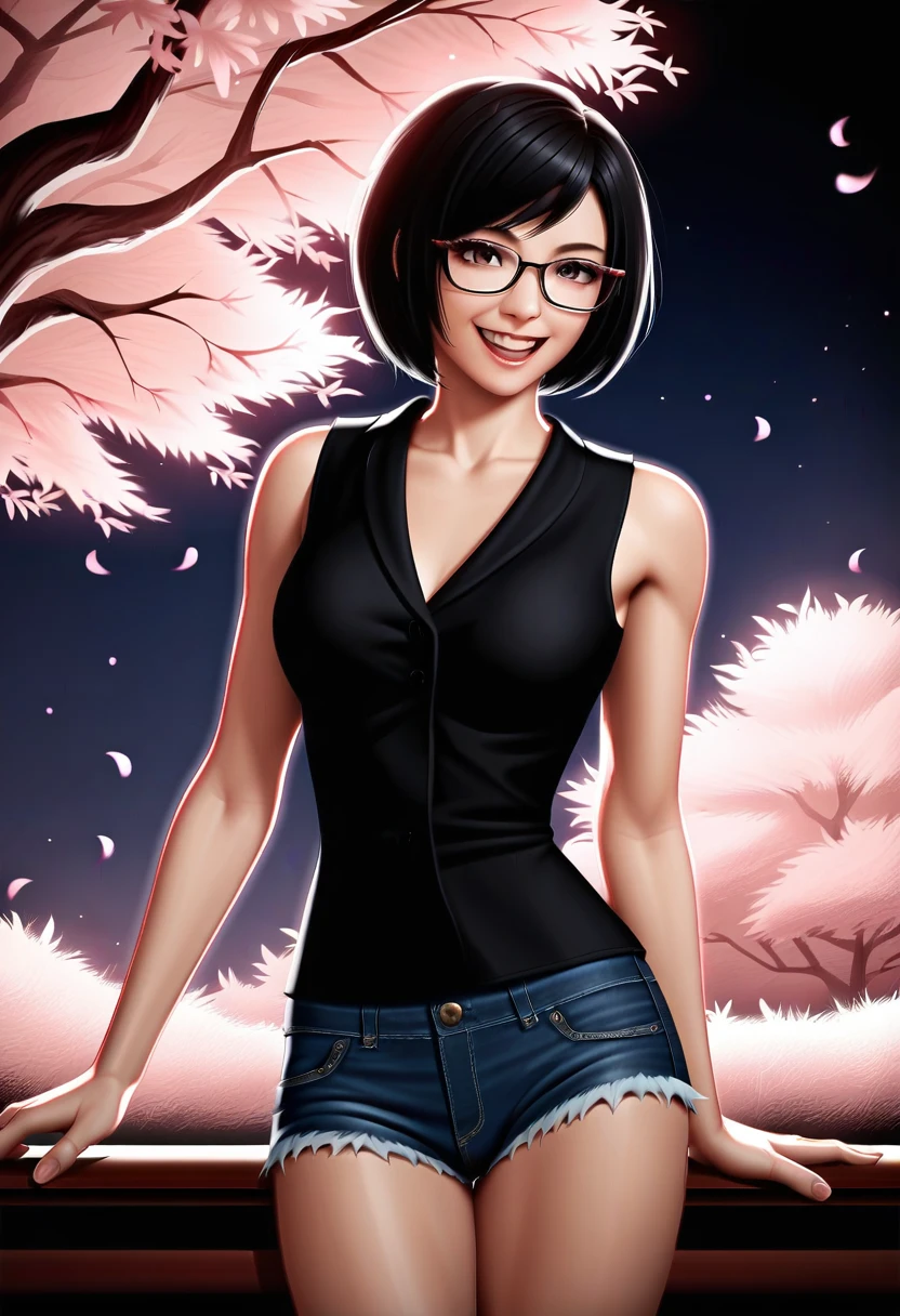 1 Girl, ((Extremely detailed)), (Extremely detailed), (best quality, 4K, 8K, high resolution, masterpiece:1.2), (Practical, photoPractical, photo-Practical:1.37),
(extremely detailed CG unity 8K wallpaper), (Extremely delicate and beautiful),
Fine details, Crazy details, Clear focus, soft back, Soothing tones, Ultra Detailed, Low contrast, Exposure Blending, illustration,
Beautiful Lights, Perfect Lightning, Precise proportions, (Cherry blossoms on background), (short hair, Black Hair, Separate hair:1.45), (Black vest), (Denim shorts), (wear glasses), Smile,