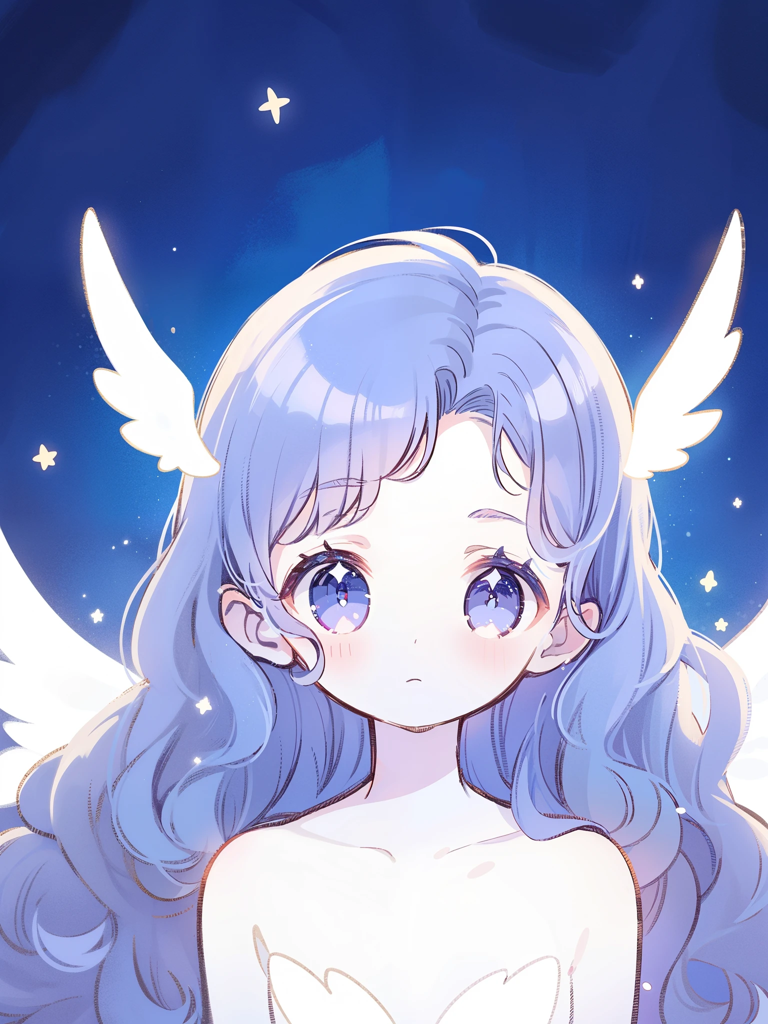 nude angel girl wearing an ethereal translucent dress, pale skin, ((wavy gradient blue purple hair)), white feathers, angel wings, sparkling detailed eyes, golden ratio face, perfect composition, highly detailed, ethereal, (starry night sky background), midjourney style