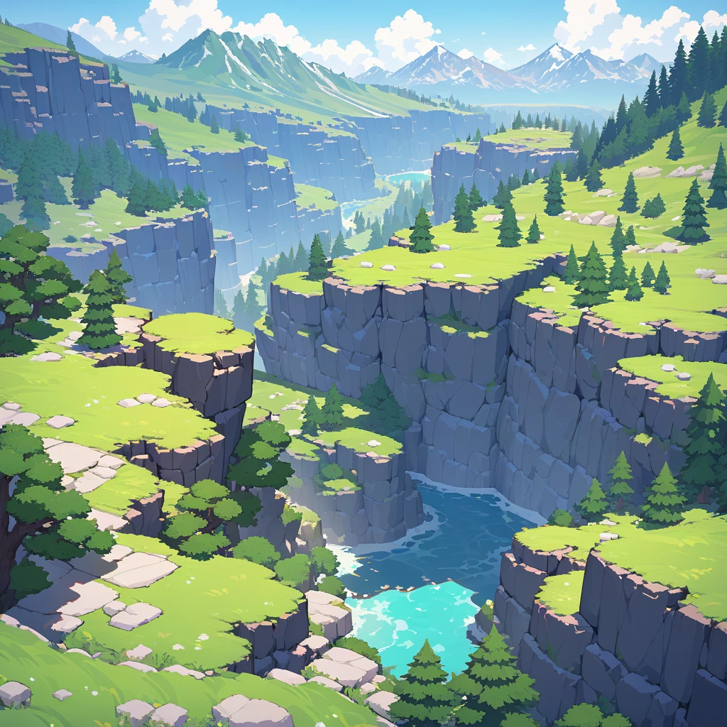 Retro video game style, pixelated, vibrant colors, 8-bit characters, blocky shapes, sharp lines, detailed shading, classic gaming vibe, nostalgic atmosphere, classic arcade games. Masterpiece:1.2, ultra-detailed, illustration style. 2D texture. 3/4 perspective, tileable game art, detailed mountains, lush trees, environmental features. High-resolution, seamless tiles, dynamic lighting, realistic shadows. Mountains with diverse shapes, rocky textures, snowy peaks, forested lower elevations. Intricate, varied trees, vibrant foliage, detailed bark. Grass, rocks, shrubs, vibrant green grass, colorful wildflowers, varied rock textures. 3/4 perspective tileable mountain tiles, 3/4 perspective tileable trees, 3/4 perspective tileable environmental elements. Very detailed mountain texture, intricate tree designs, vibrant environmental textures.