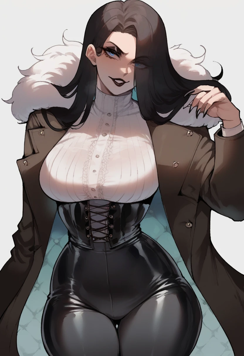 Score_9, score_8_up, score_7_up, adult, tall, 1futa, close up, light blue eyes, black eyeliner, seductive expression, lipstick, long straight hair, black hair, small waist, big breasts, tight fur trim coat, bustier, leather pants, long nails,  Nyantcha Style, source_anime, 