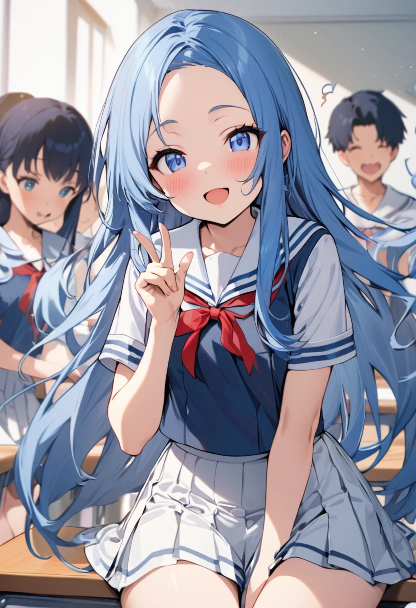 (enjoy talking style) (Peace Hand), (solo:2, 15 yo) (beautiful detailed forehead) (beautiful blue hair long hair) (immensely cute girl) (cute blue eyes) (happy smile, glossy lip, open mouth), in a summer school sailor suit, skirt, red ribbon, break, in the school classroom, background talking many student, break, perfect anatomy, masterpiece, best quality, 16k, beautiful detailed grow, daydreaming expression.