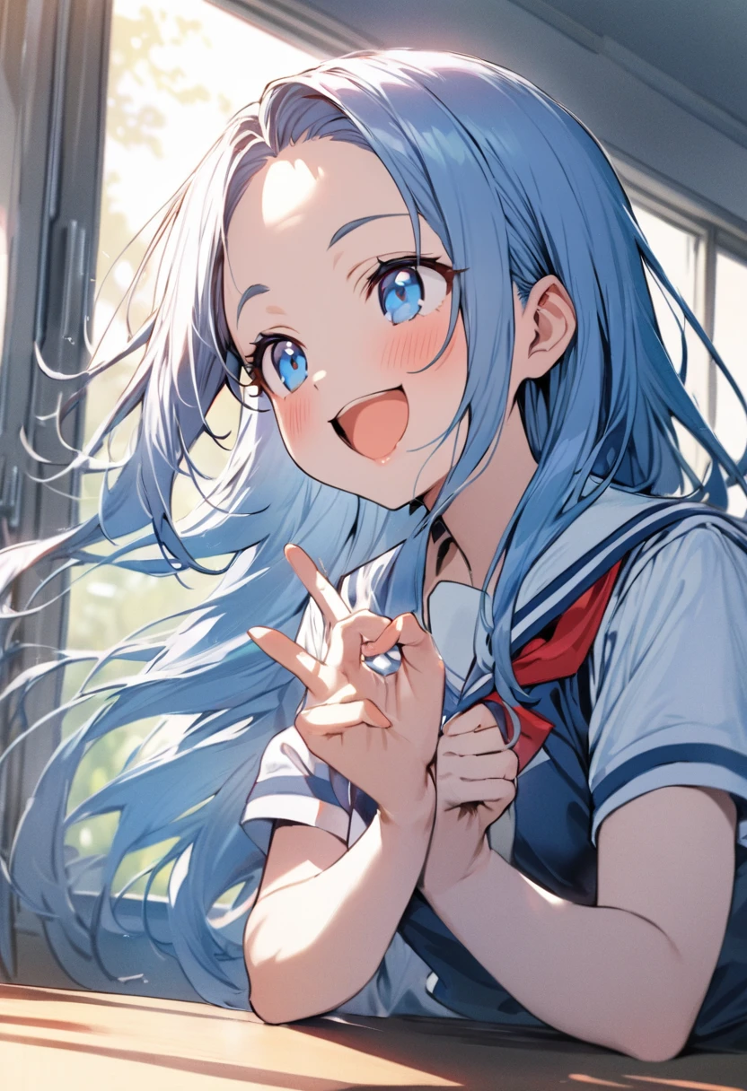 (enjoy talking style) (Peace Hand), (solo:2, 15 yo) (beautiful detailed forehead) (beautiful blue hair long hair) (immensely cute girl) (cute blue eyes) (happy smile, glossy lip, open mouth), in a summer school sailor suit, skirt, red ribbon, break, in the school classroom, background talking many student, break, perfect anatomy, masterpiece, best quality, 16k, beautiful detailed grow, daydreaming expression.