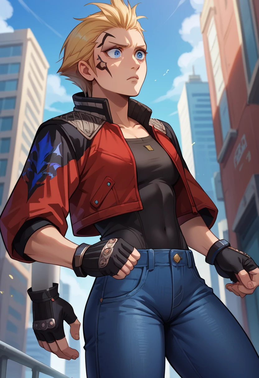 score_9, score_8_up, score_7_up, 1girl, solo, zell, 1boy, slender body, solo, blue eyes, gloves, jacket, blonde hair,  medium hair, tattoo, gloves, facial tattoo, red jacket, black jacket, two-colours jacket, black shirt, fingerless gloves, denim, standing, stiff hands, shocking, female crotch, looking down, city,
