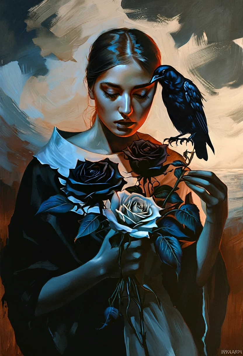chiaroscuro technique on sensual illustration Illustration art, by IrinaKapi. Surrealism, vintage abstraction, girl with white raven and black roses, ultra details oh clothes, best quality, masterpiece, painting, concept art, emotionally, atmospheric, aesthetics of romanticism, represent transformation and the ability to see beyond the surface