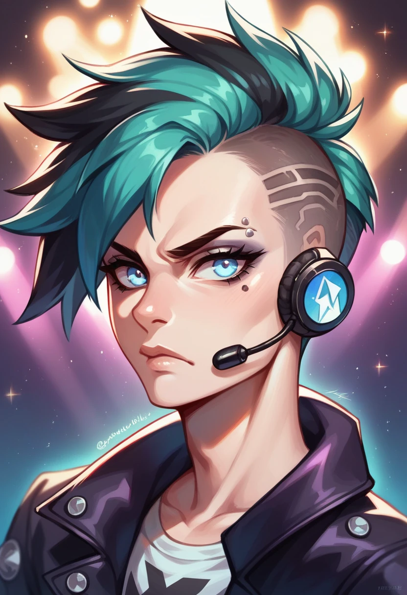 AI, looking at viewer, cyber punk, particle lights, portrait, earphone, serious face,