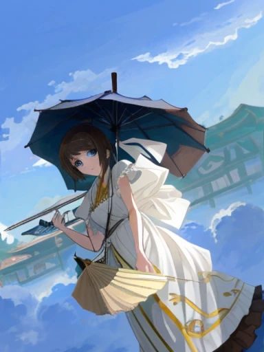(Brown short hair、Swept-apart bangs:1.3), blue eyes,araffe woman in a white dress holding an 傘 on a roof, an parasol top, holding a 傘, holding an 傘, parasol, holding parasol, A mix of anime style and Fujifilm, by Shinoda Toko, Daytime fantasy anime, [ Realistic photos ]!!, By Kentaro Miura, very low angle photo, Parasol, Photorealistic Animation, it&#39;s raining!!