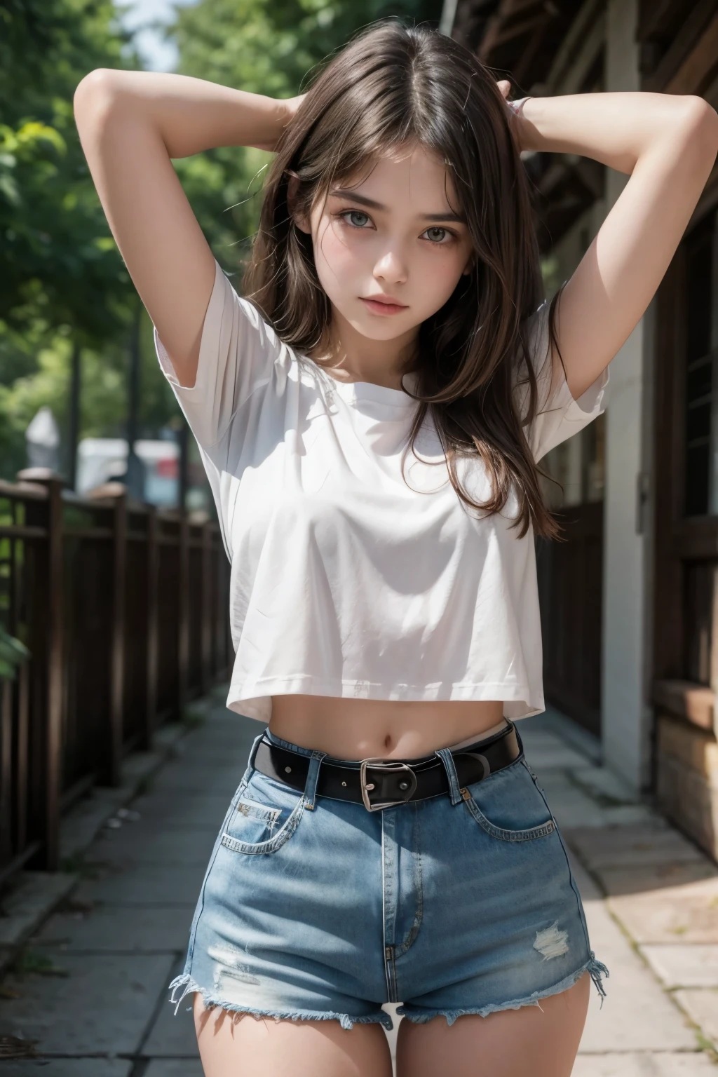 Beautiful 18-year-old brunette girl wearing a blouse with her hands on her head and wearing short, high-waisted denim shorts and a black belt showing her navel