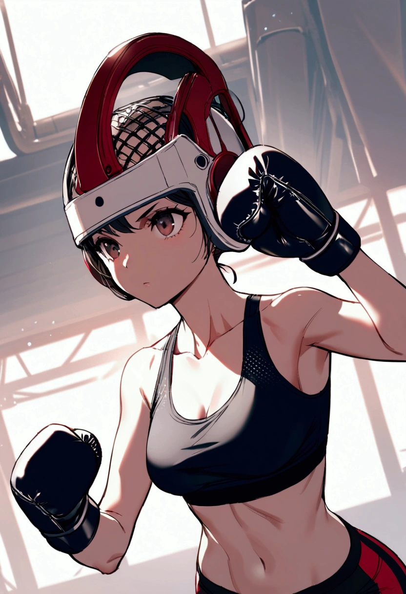 girl in sports bra and boxing head gear