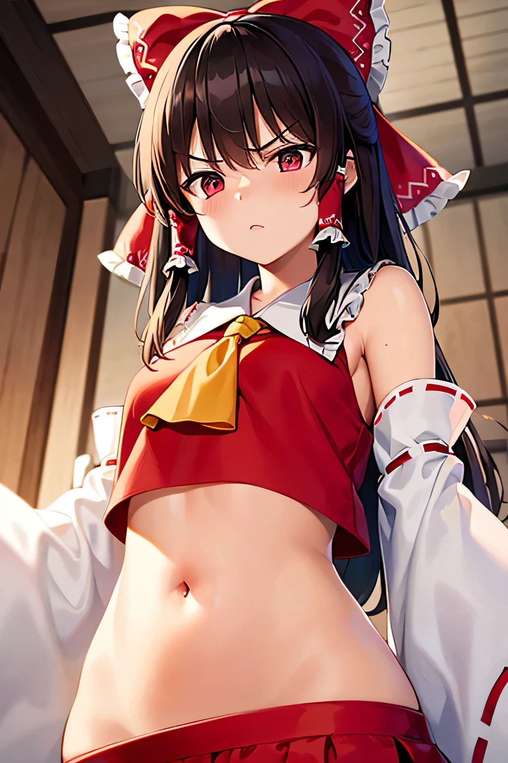 super fine illustration, vibrant colors, masterpiece, sharp focus, best quality, depth of field, cinematic lighting, ultra detailed, blush, belly button, navel, tummy, shrine maiden, hakurei reimu, 1girl, hair bow, ascot, hair tubes, detached sleeves, red shirt, red skirt, long hair, dark brown hair, indoors, mature woman, ,hakurei reimu, 1girl, hair bow, ascot, hair tubes, miko, detached sleeves, Reimu Hakurei, angry, curly hair, looking down, parted lips,