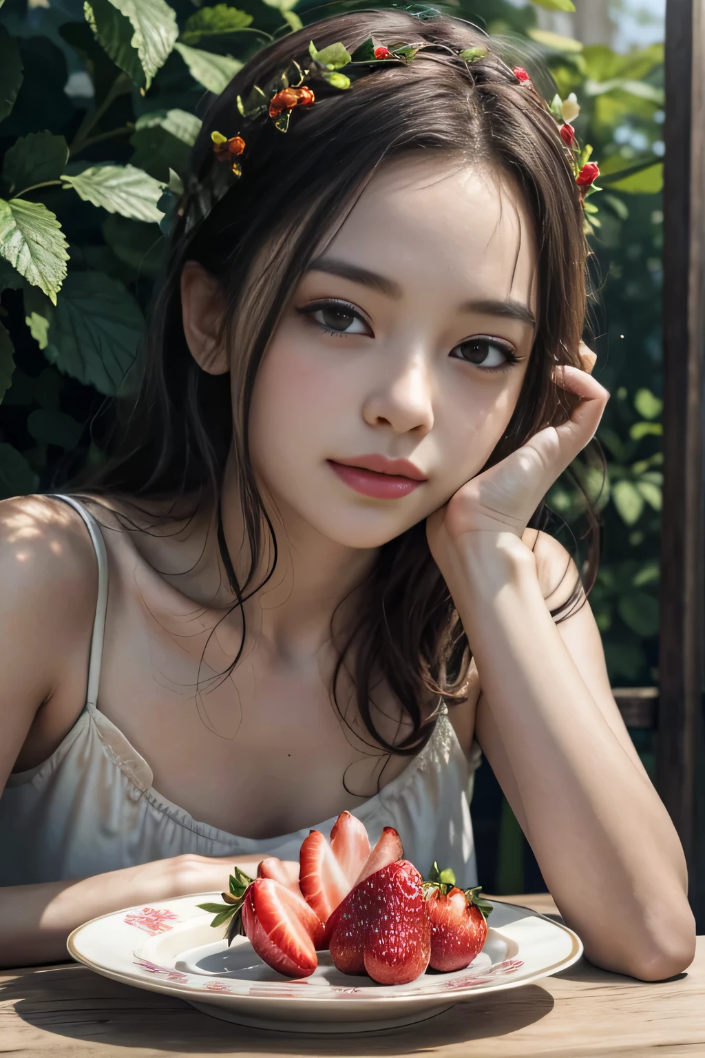 (best quality:1.2), (Photorealistic style, extreme detail,8K resolution,perfect color grading), (HDR lighting,maximum detail and depth), (High-definition face drawing), (1girl), (Lighting that makes people look beautiful), A charming close-up of a single, ripe strawberry sitting on a delicate porcelain plate. The strawberry is glistening with fresh dew, showcasing its vibrant red color and tiny seeds. Its green leafy crown adds a touch of freshness, contrasting beautifully with the white plate.In the background, there are soft pastel colors, perhaps a blurred floral pattern, creating a dreamy atmosphere. Gentle sunlight filters through, casting a warm glow on the strawberry, enhancing its natural beauty. The overall composition radiates sweetness and simplicity, capturing the essence of summer. Highly detailed digital art in a cute and whimsical style.