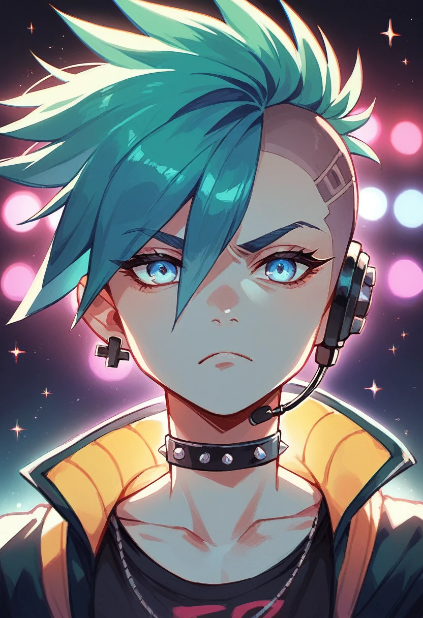 AI, looking at viewer, cyber punk, particle lights, portrait, earphone, serious face, debeat,