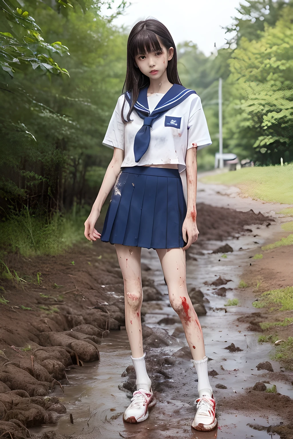 (8K、RAW Photos、highest quality、masterpiece:1.2), (Realistic、Photorealistic:1.2), (High resolution skin:1.1), Beautiful young girl,japanese, ,small breasts,(Slender girl:1.4),(Thin legs:1.5),(dark blue mini skirt:1.1),sailor suit,( White socks:1.1), Short sleeve,sneakers, whole body,schoolyard,(standing),(dirty legs),(muddy legs:1.1),(wounds,bloody legs:1.4)