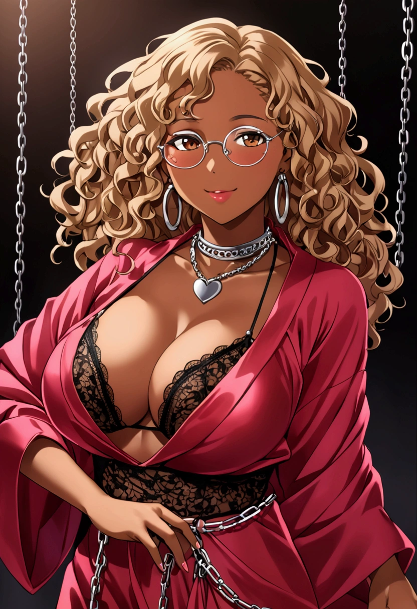 ecchi anime character. young African American woman with a smiling personality and big breasts, light brown curly hair and light brown eyes. She wears round glasses and chains and pendants around her neck and a pink choker with a silver heart. She wears a black lace lingerie set and a red silk robe tied loosely around her waist..