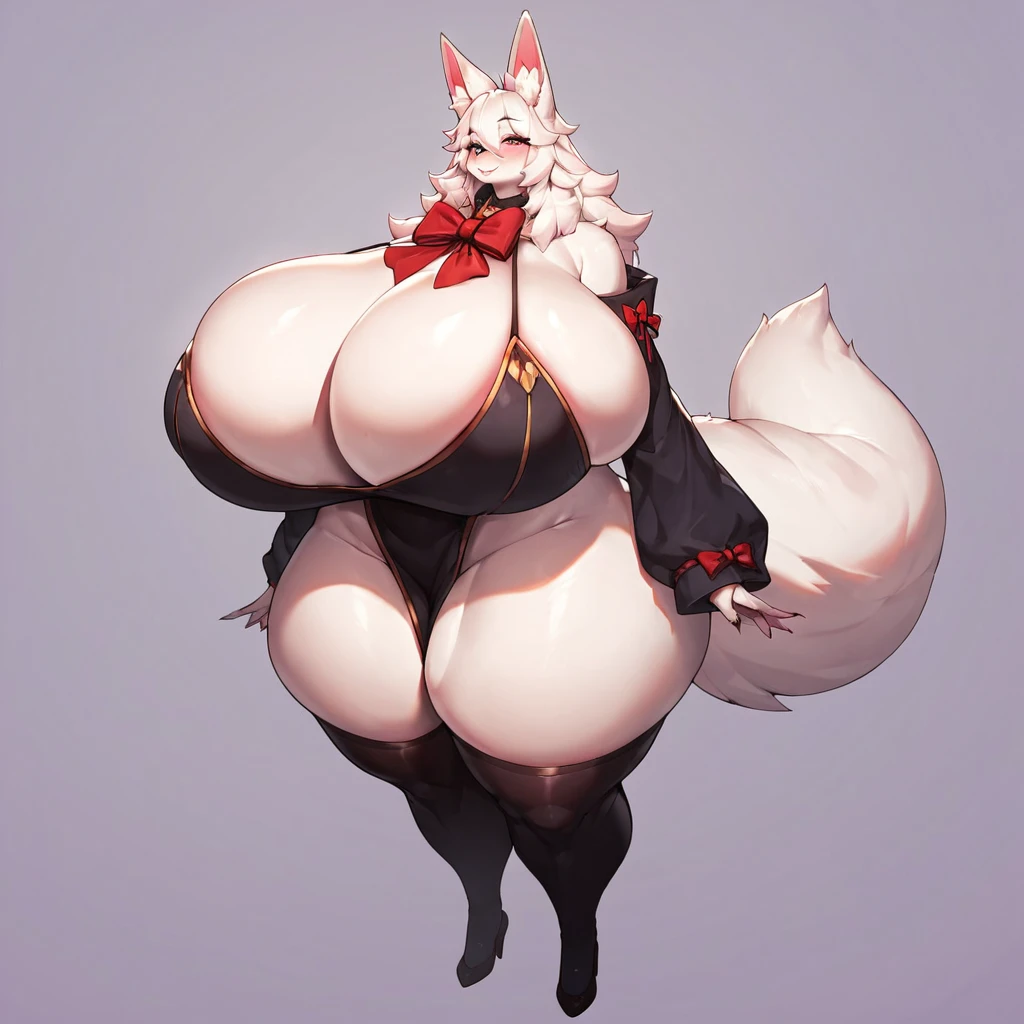 (Furry Fox:1.2)  score_9, score_8_up, score_7_up. huge  quality, massive breasts, very thick thighs, thigh highs, white fur, pink blush, red bow tie, (solo) female, thicc, violet background, simple background, (gigantic curvy:1.2), massive breasts, very thick thighs, ultra detailed. forest 