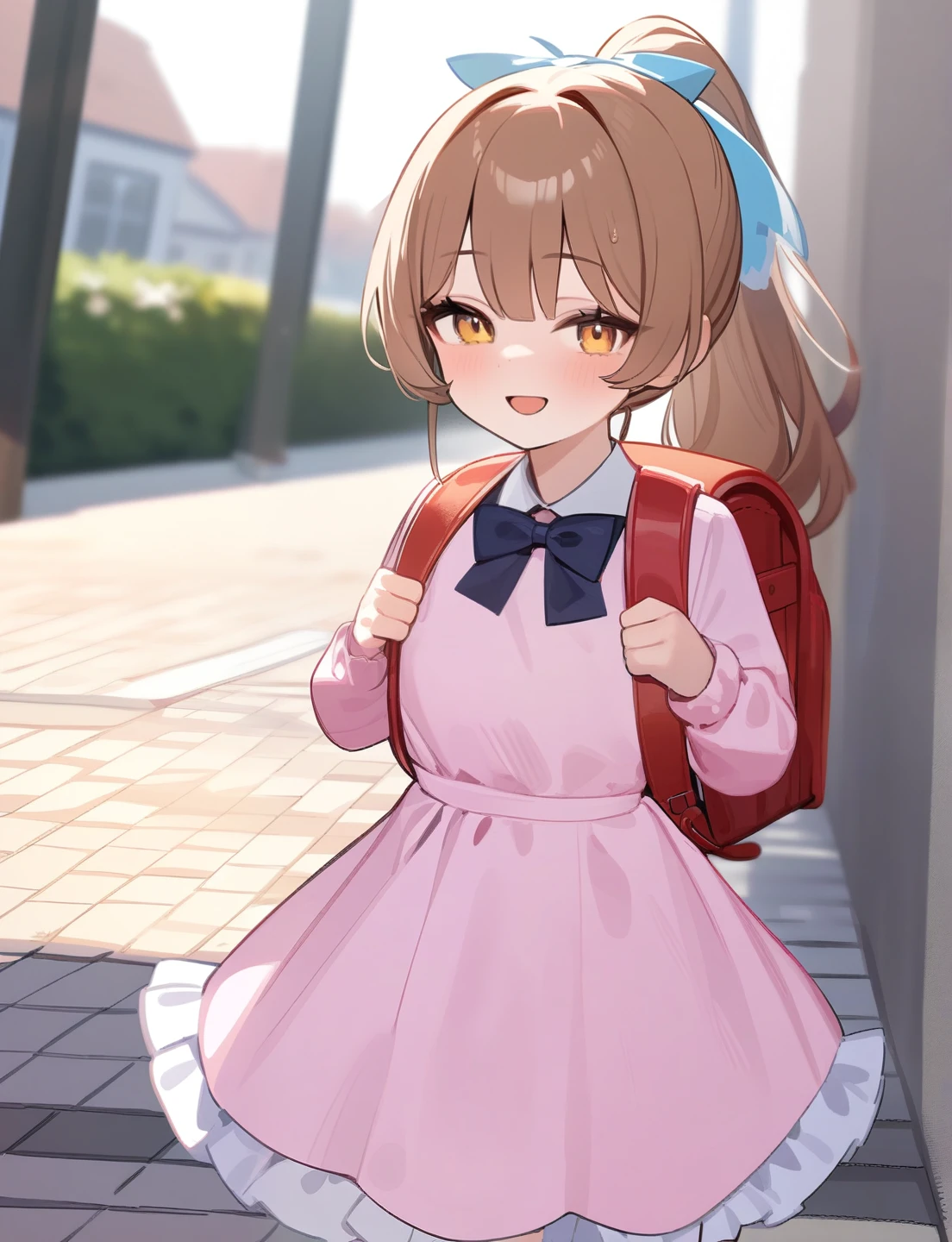 Masterpiece, hd, 1girl, brown hair, ponytail, hair ribbon, wearing cute dress, frilled dress, party dress, bowtie, standing, outdoor, smile, wearing randoseru backpack,(backpack:1.2)