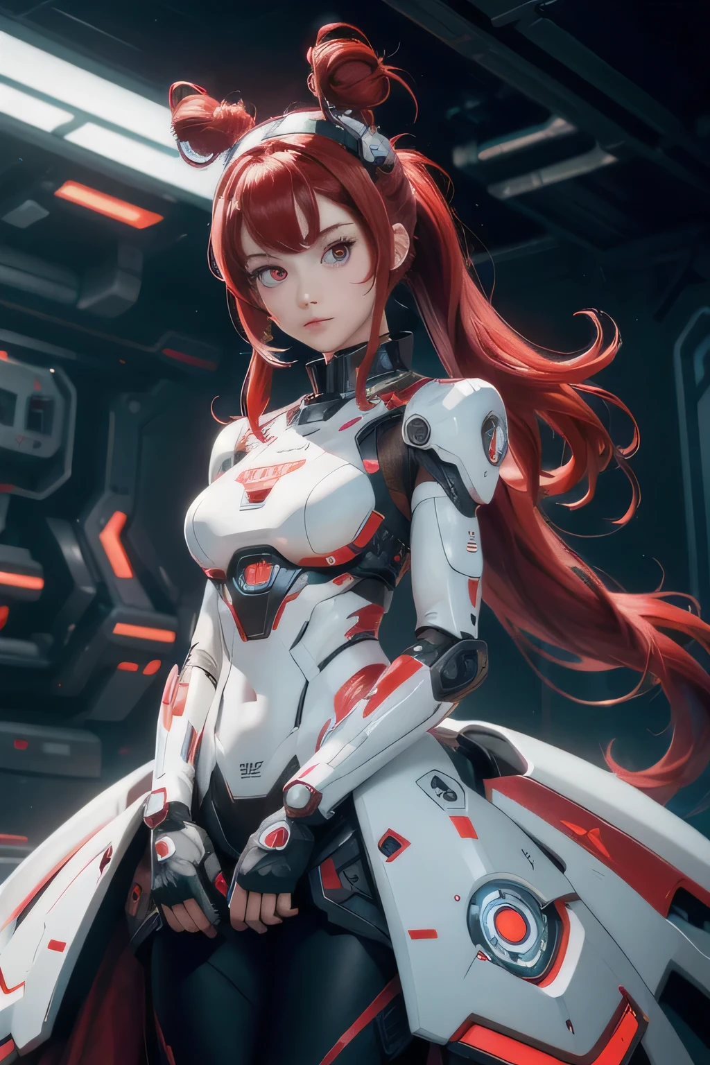 Mechagirl,masterpiece,bestquality,1girl,redhairmediumhairtopknot,glowingeyes, red, white, full body