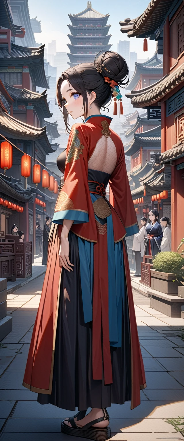 曲線美な体の女god　The lines of the body are clear　god様　god々Shii　Big eyes　Rainbow Eyes　Her black hair is tied back in a bun　Tactile Hair　chinese emperor costume　Highest quality　Super detailed　detailed woman　High quality　8k　Detailed Background　Ancient Chinese cityscape　Standing in the city