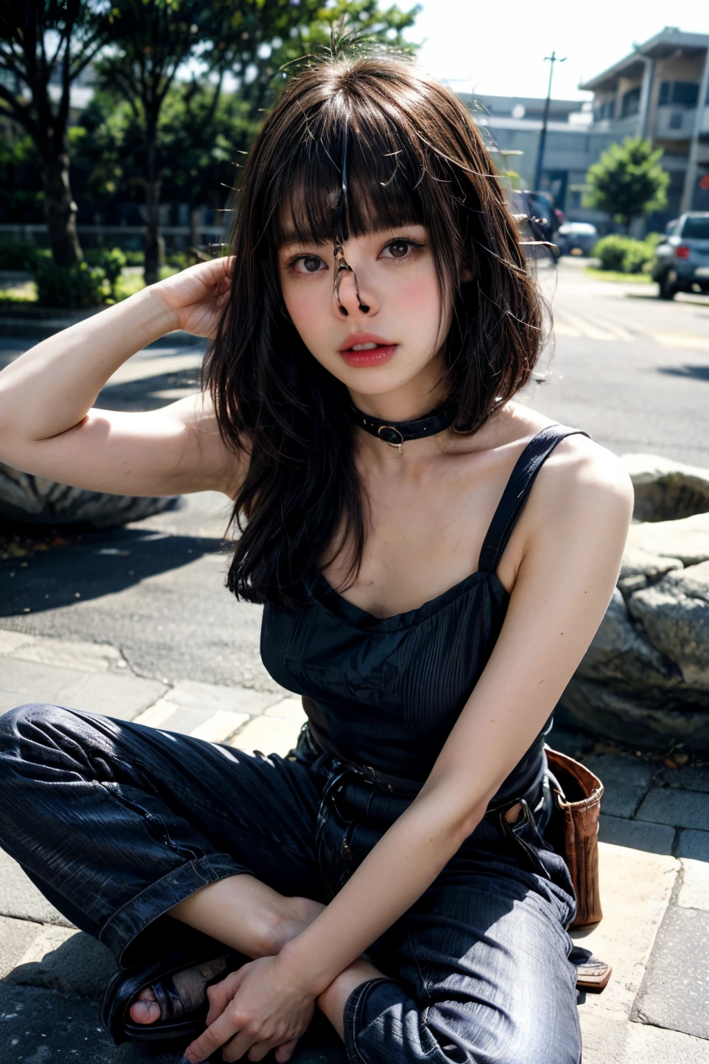 (realistic, photo-realistic :1.4), (Highest quality, masterpiece:1.2), RAW photo, high resolution, intricate details, extremely detailed, realistic and sharp details, cinematic lighting, (full body, frontal photography:1.2 ), solo, a Japanese woman, cute woman, dark hair, (bowl cut hair, blunt bangs:1.3), detailed face, detailed eyes, beautiful pupils, sophisticated nose, pale skin, fine-textured skin, (nose hook, strap:1.2), (iron collar, o-ring), collarbone, (blouse, pants, sandals), (sitting with spread legs wide apart, armpits, hands behind head), photo background, outdoors, alley,