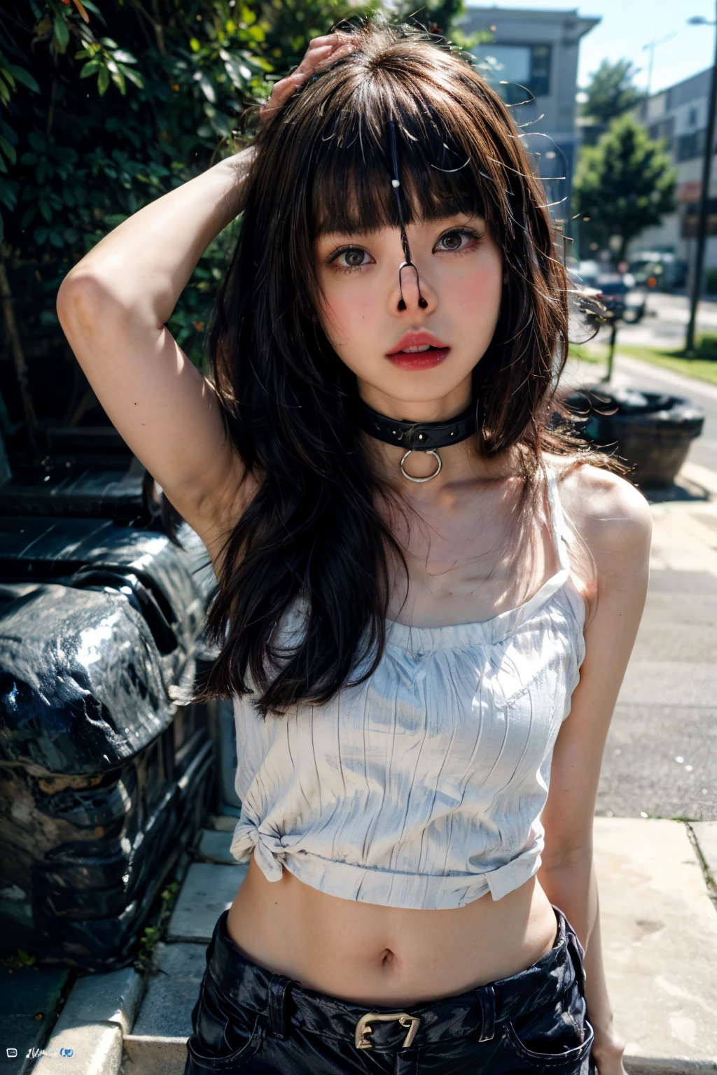 (realistic, photo-realistic :1.4), (Highest quality, masterpiece:1.2), RAW photo, high resolution, intricate details, extremely detailed, realistic and sharp details, cinematic lighting, (full body, frontal photography:1.2 ), solo, a Japanese woman, cute woman, dark hair, (bowl cut hair, blunt bangs:1.3), detailed face, detailed eyes, beautiful pupils, sophisticated nose, pale skin, fine-textured skin, (nose hook, strap:1.2), (iron collar, o-ring), collarbone, (blouse, pants, sandals), (armpits, hands behind head), photo background, outdoors, alley,